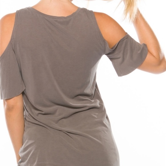 COLD SHOULDER DISTRESSED LIGHT BROWN TEE - Picture 2 of 6